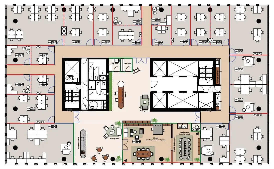 Plattegrond van een kantoorruimte op Stadsplateau 27-29 met werkplekken, vergaderruimtes, wachtruimtes en facilitaire zones.
