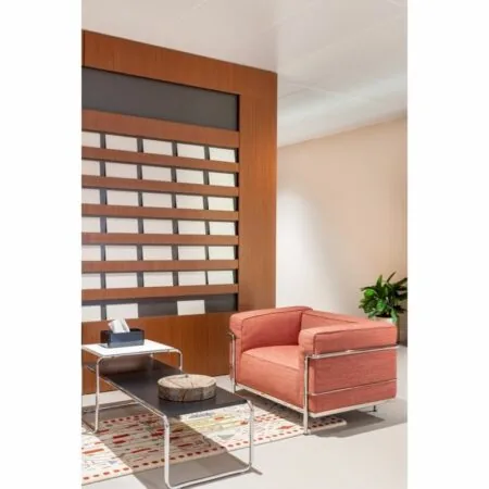 Moderne wachtkamer met een oranje fauteuil, een salontafel en een houten wandpaneel in Stadsplateau 27-29.