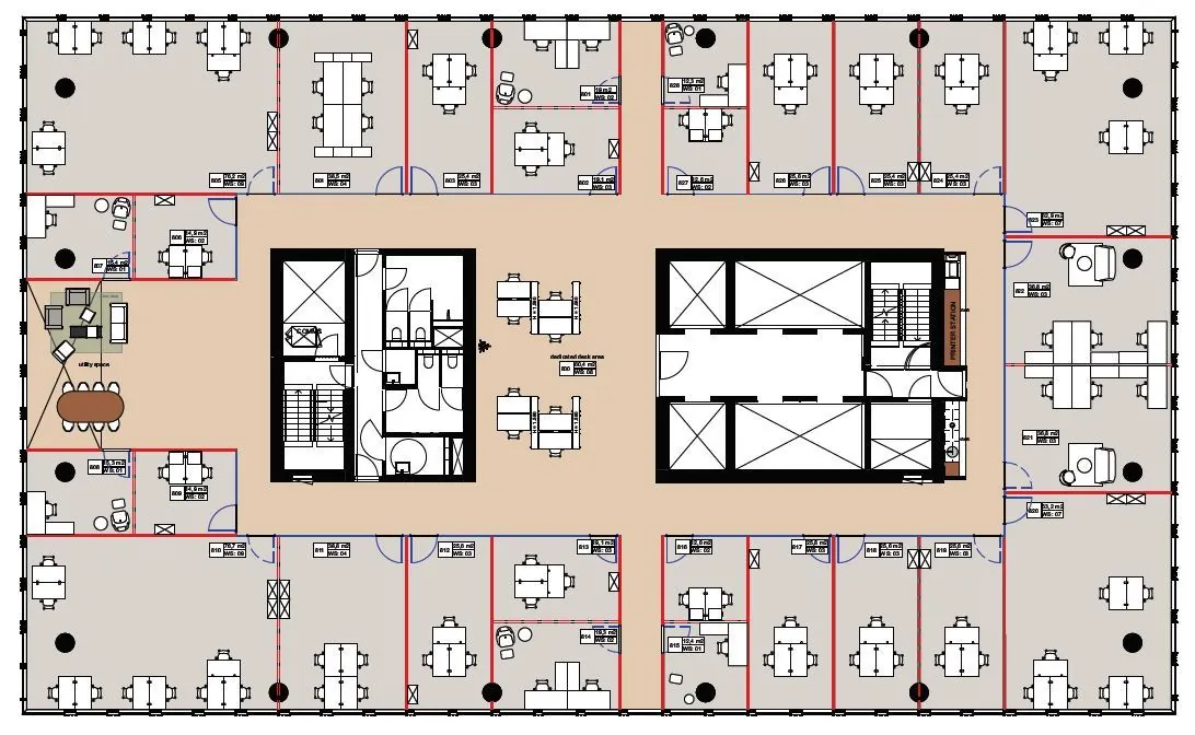 Plattegrond van een kantoorverdieping op Stadsplateau 27-29 met werkplekken, vergaderruimtes en centrale voorzieningen.