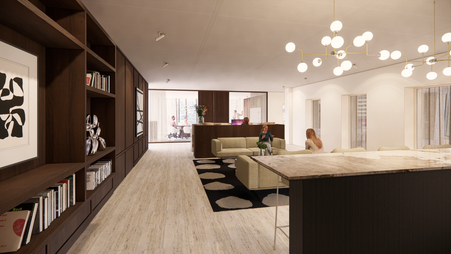 Moderne kantoorruimte aan de Strawinskylaan 10 met zithoek, open werkplekken en houten boekenkasten.