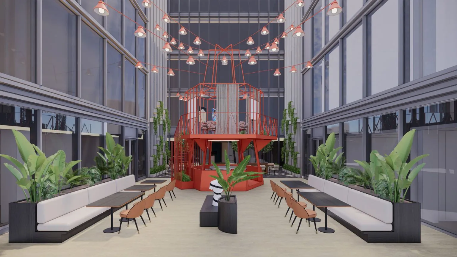 Moderne binnentuin aan de Strawinskylaan met zitbanken, groene beplanting en een opvallende rood stalen constructie met verlichting.