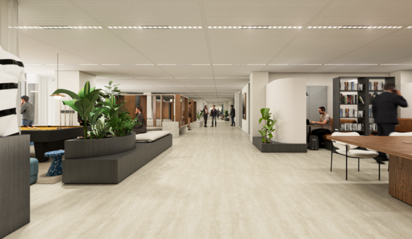 Modern ingericht kantoorinterieur van Strawinskylaan 5 met open werkplekken, zitruimtes en groene planten.