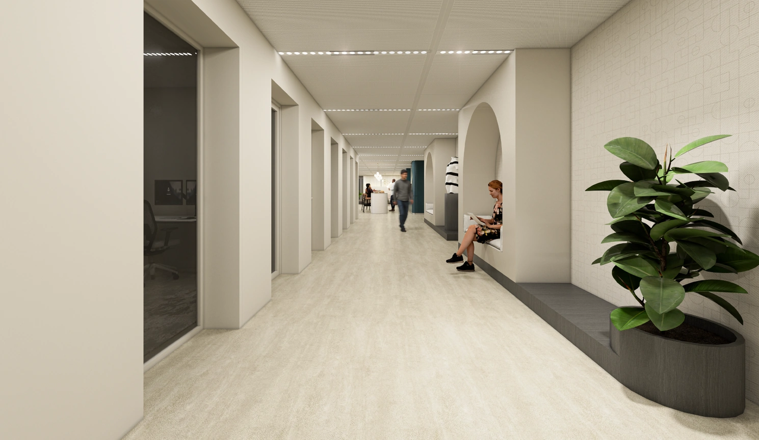 Lichte, moderne gang in kantoorpand aan de Strawinskylaan 6 met zitnissen, planten en mensen.