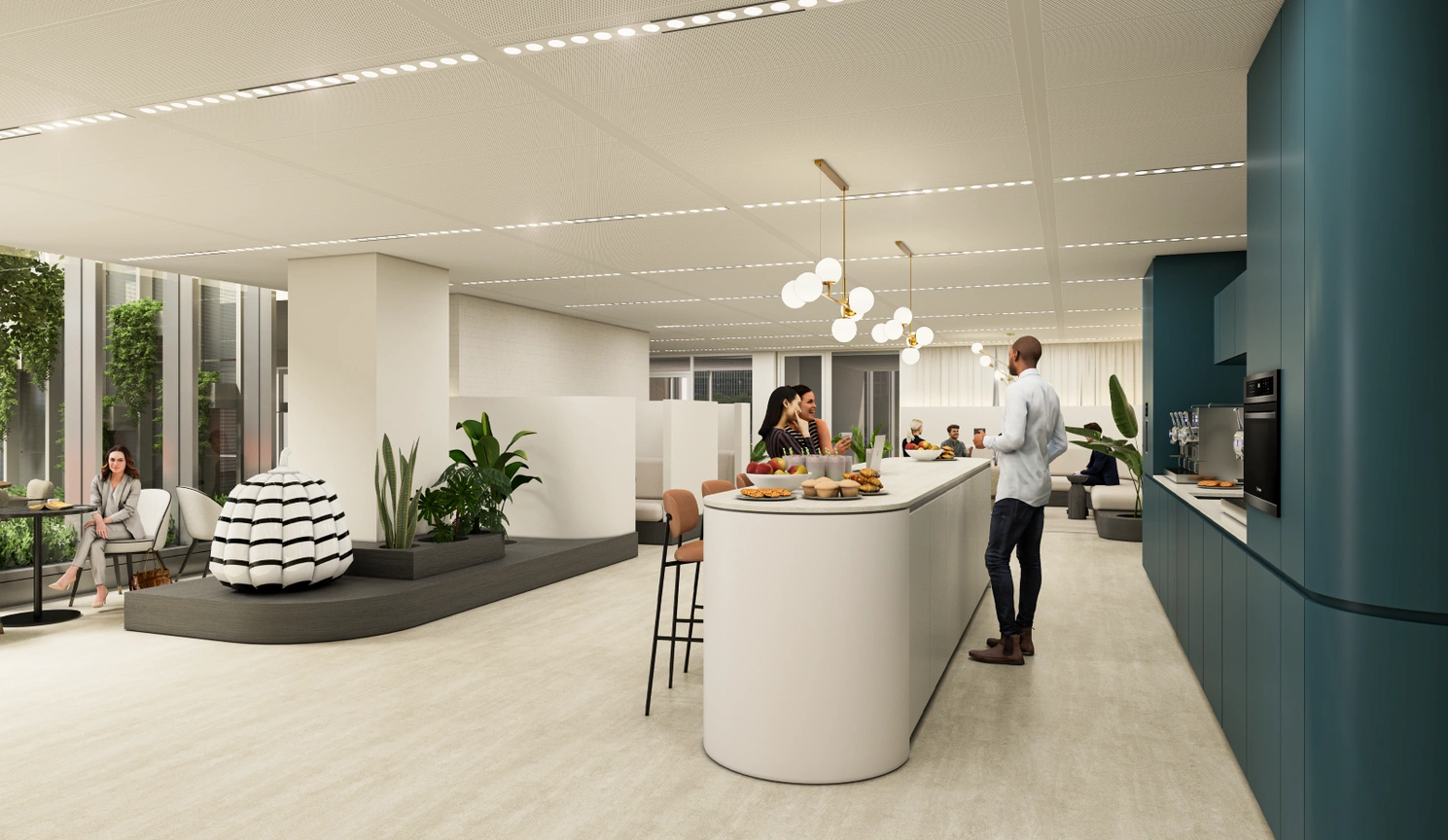 Moderne kantoorruimte op Strawinskylaan 7 met een open keuken, zithoeken en meerdere mensen in gesprek.