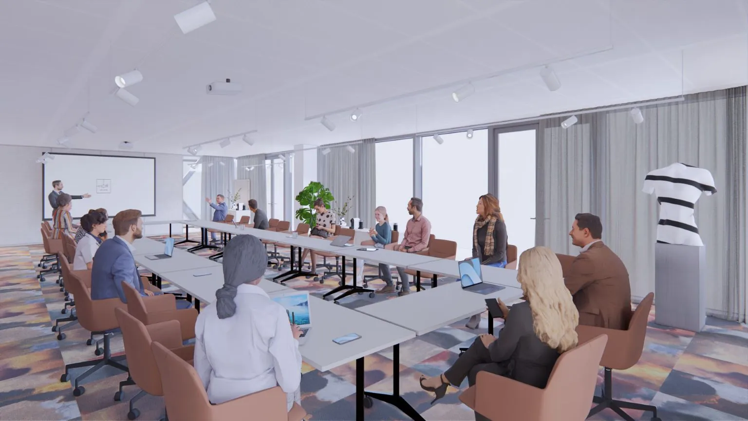 Een zakelijke vergadering met diverse mensen rond een U-vormige tafel in een modern kantoor aan de Strawinskylaan 8.