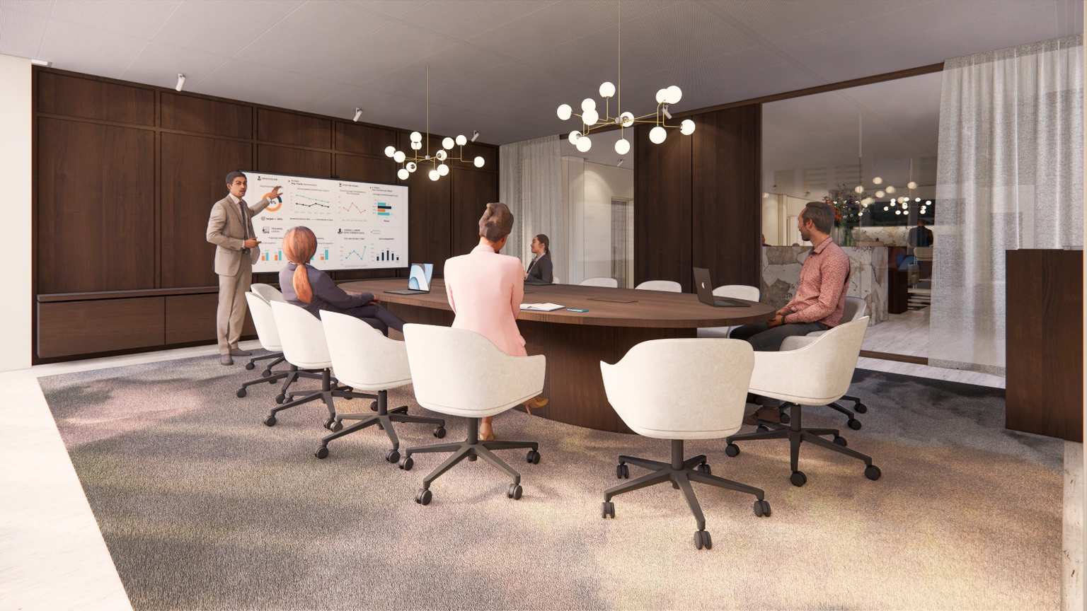 Vergaderruimte in Strawinskylaan 9 met mensen rond een ovale tafel en een presentatie op een groot scherm.