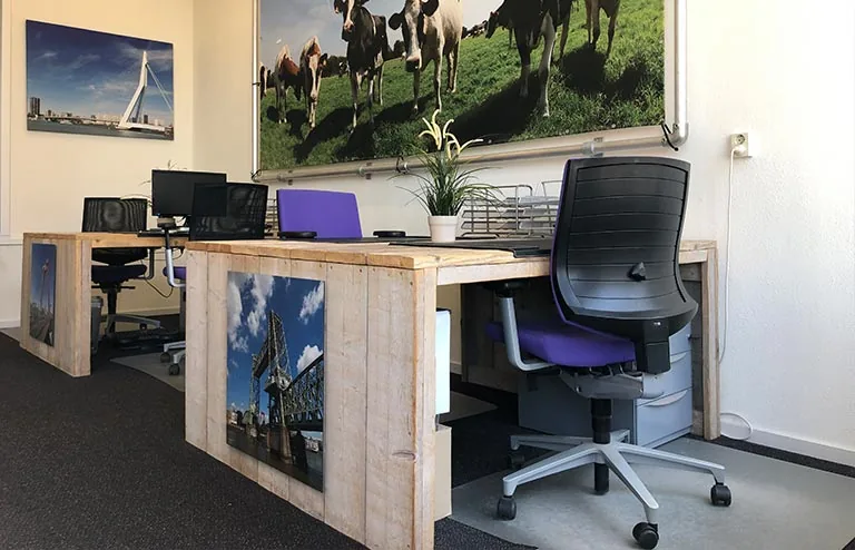 Kantoorruimte met houten bureaus, paarse bureaustoelen en grote foto's van Rotterdam en koeien aan de muur.