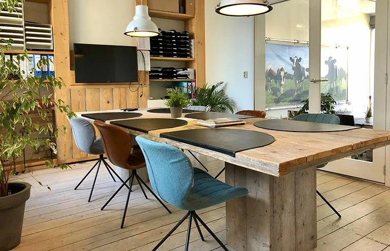Vergaderruimte aan de Van der Takstraat 8 met houten tafel, moderne stoelen, planten en een wanddecoratie met koeien.