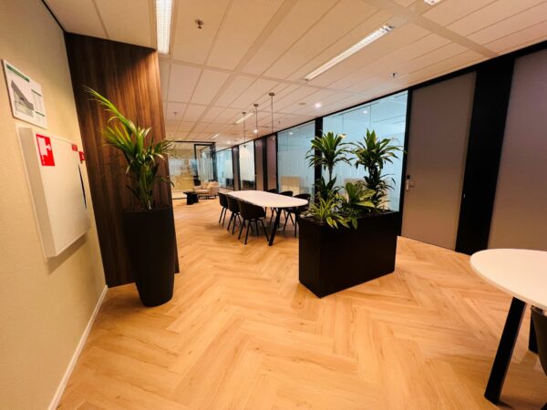 Moderne kantoorruimte aan de Vliegend Hertlaan 21 met glazen vergaderruimtes, houten vloer en groene planten.