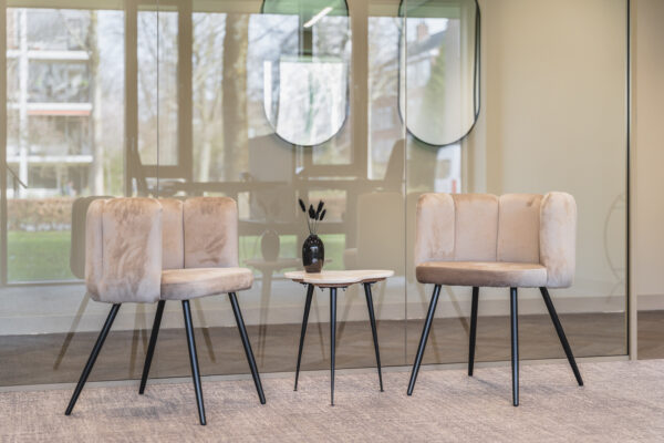 Twee beige fluwelen stoelen met een rond bijzettafeltje ertussen in een moderne wachtruimte bij Walborg.