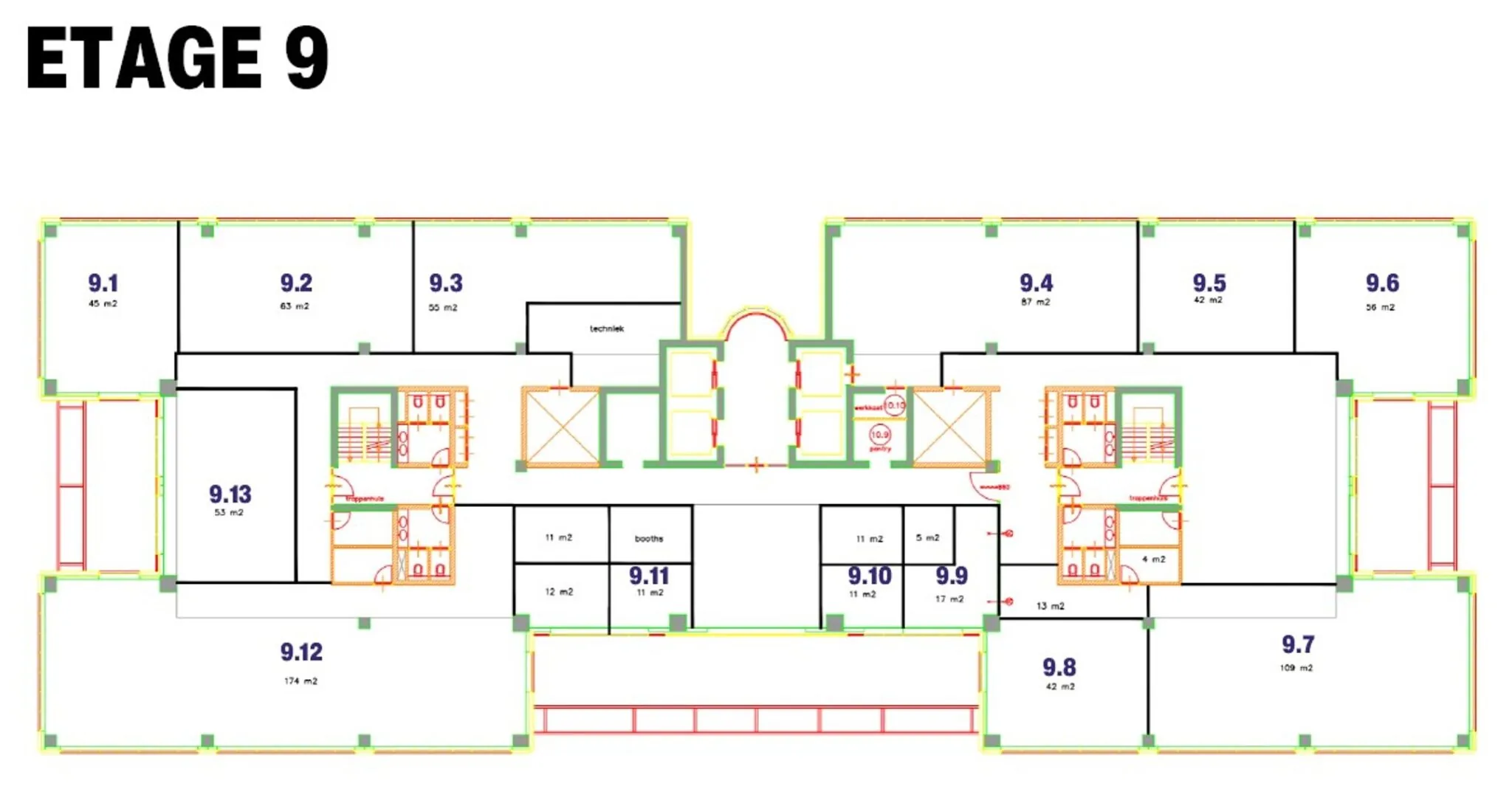 Plattegrond van de 9e verdieping van Weena 70 met genummerde en van oppervlaktes voorziene kantoorruimtes.