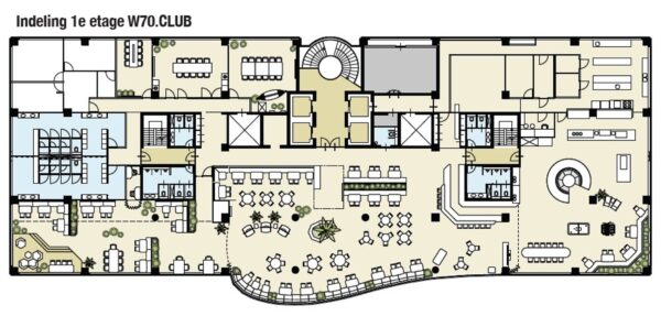 Plattegrond van de eerste etage van W70.CLUB met diverse werkplekken, vergaderruimtes en loungegedeeltes.