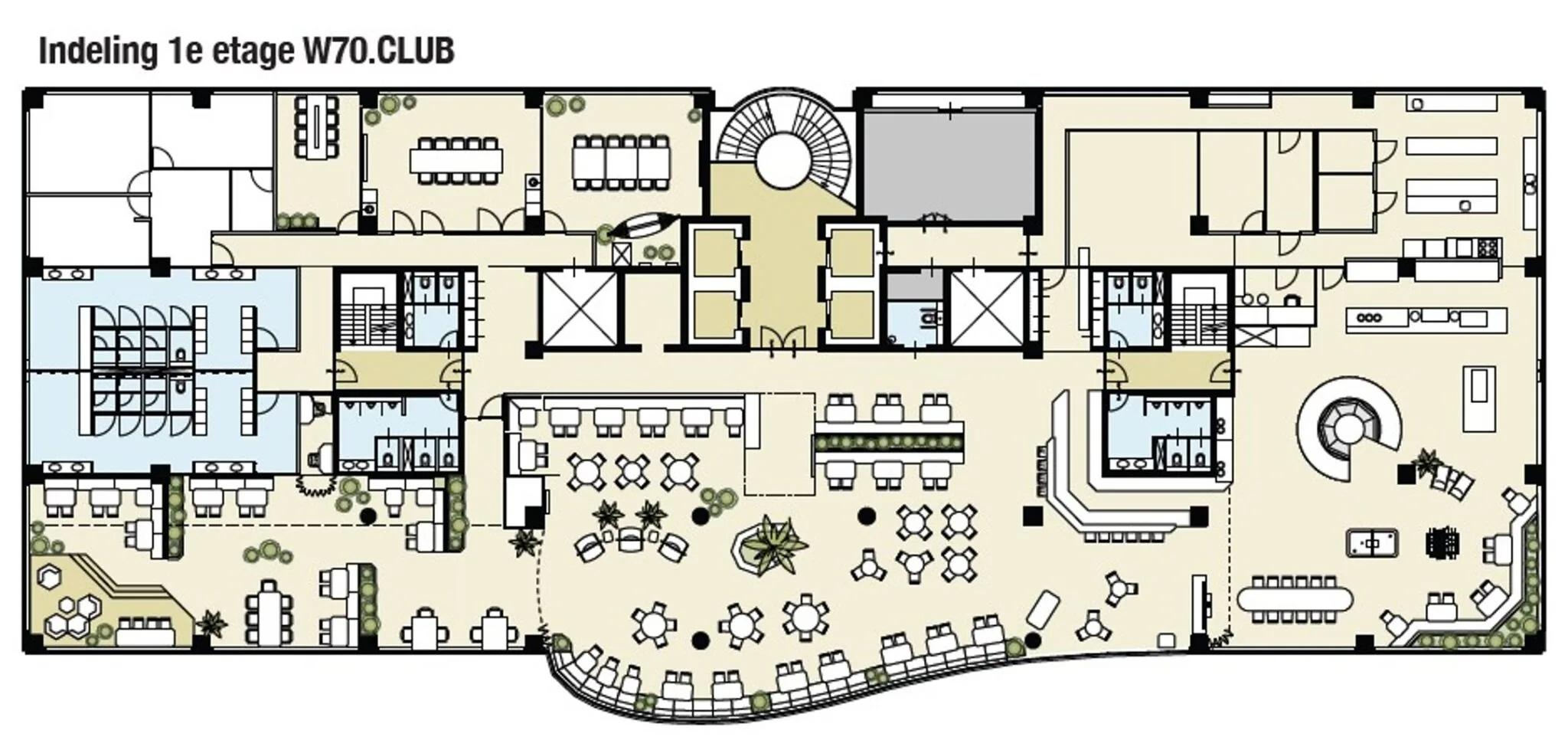 Plattegrond van de eerste etage van W70.CLUB met diverse werkplekken, vergaderruimtes en loungegedeeltes.