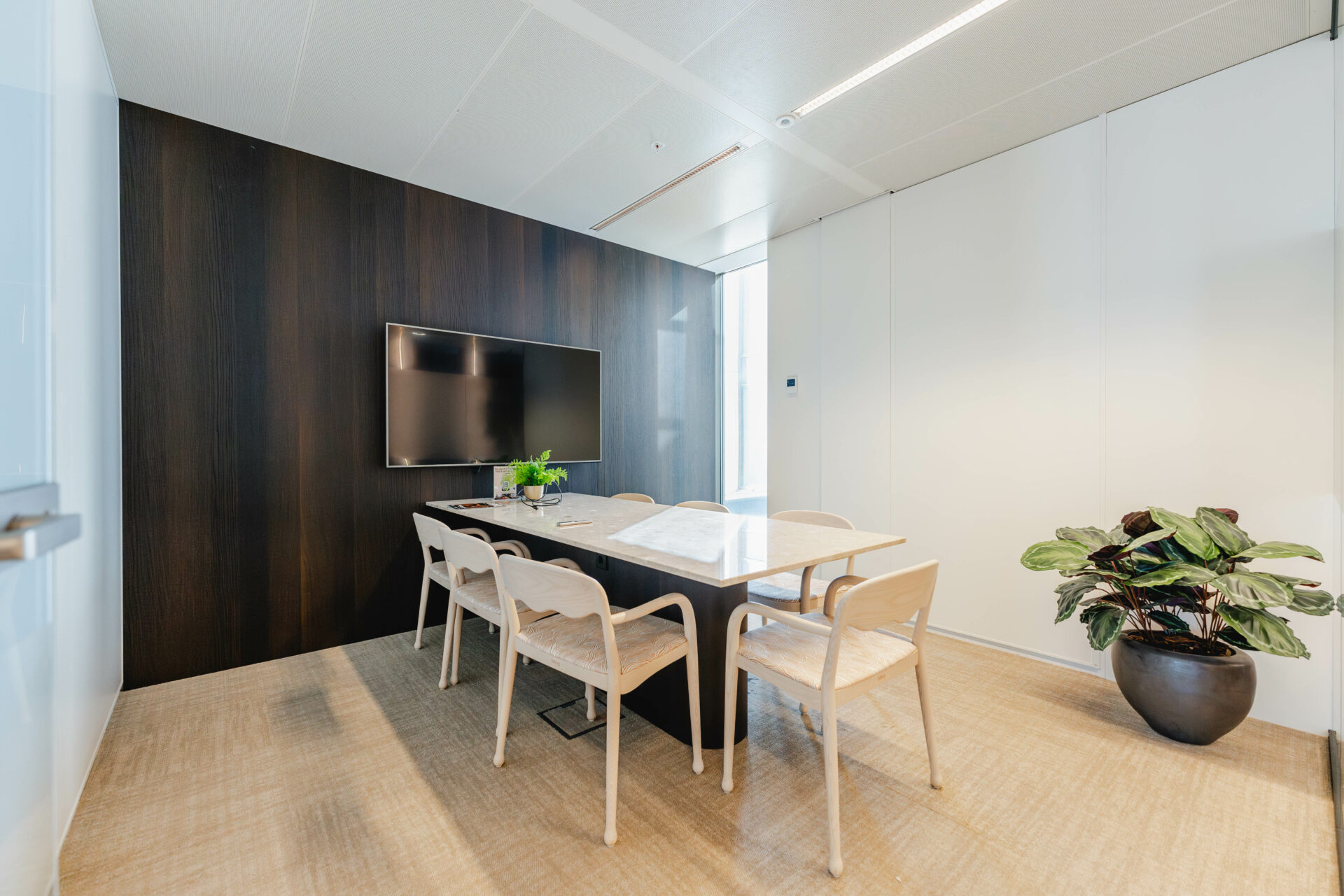 Een moderne vergaderruimte met een grote tafel, zes stoelen, een televisie aan de muur en een plant in een pot.