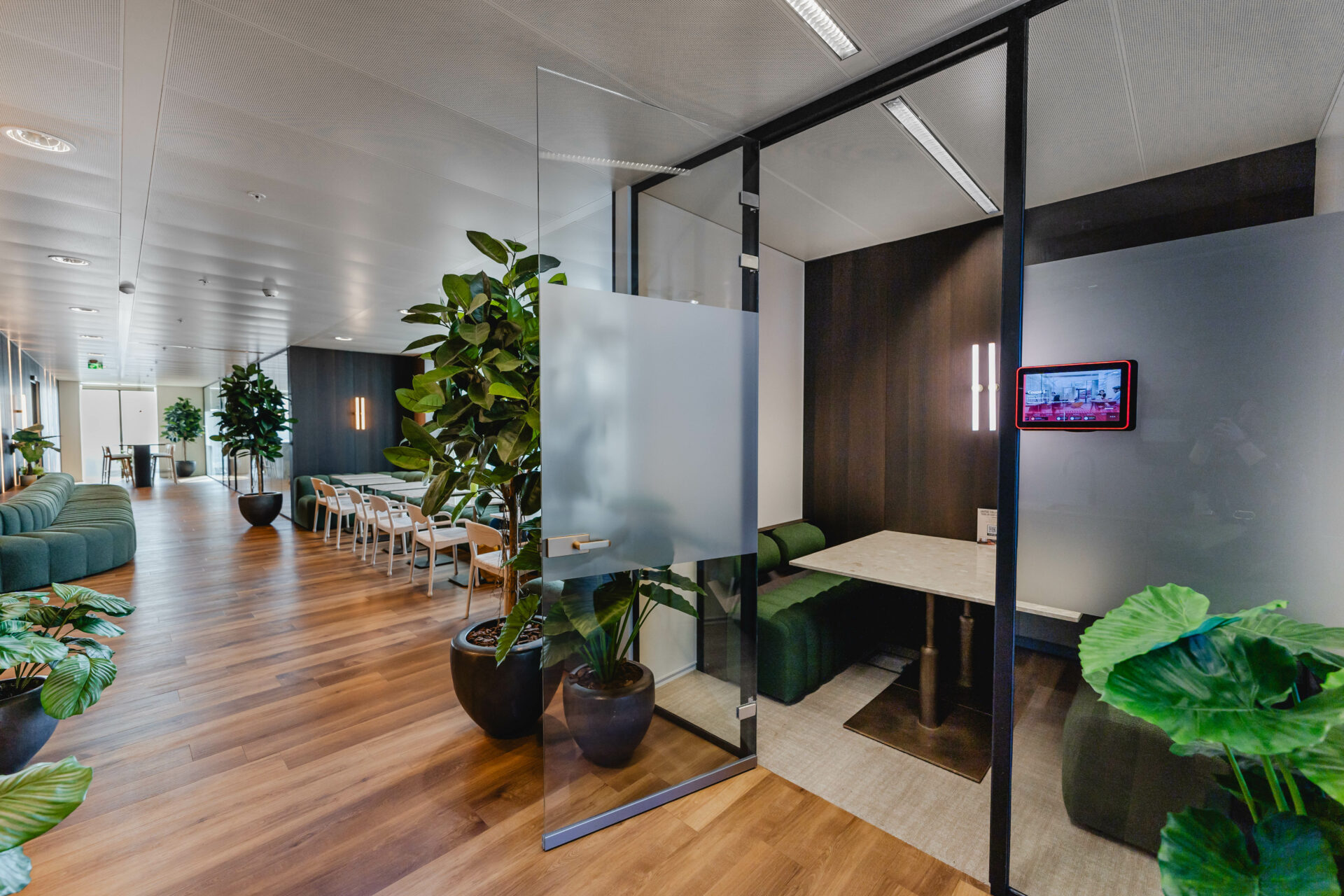 Een moderne kantoorruimte met houten vloeren, groene planten en glazen wanden.