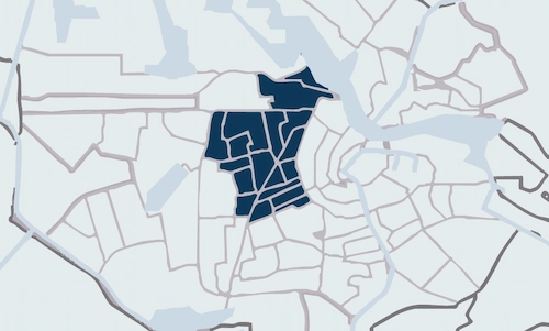 Dark blue-highlighted area on a city map representing the West district for Deskfinder.