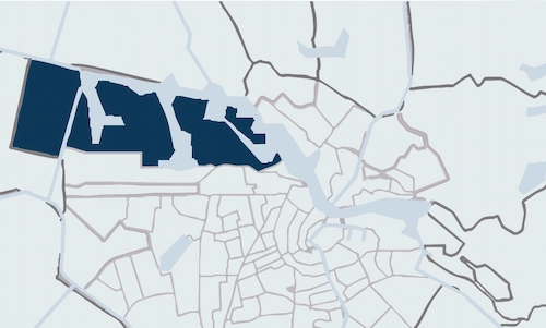 Map highlighting the Westerpoort district in dark blue within the city layout.