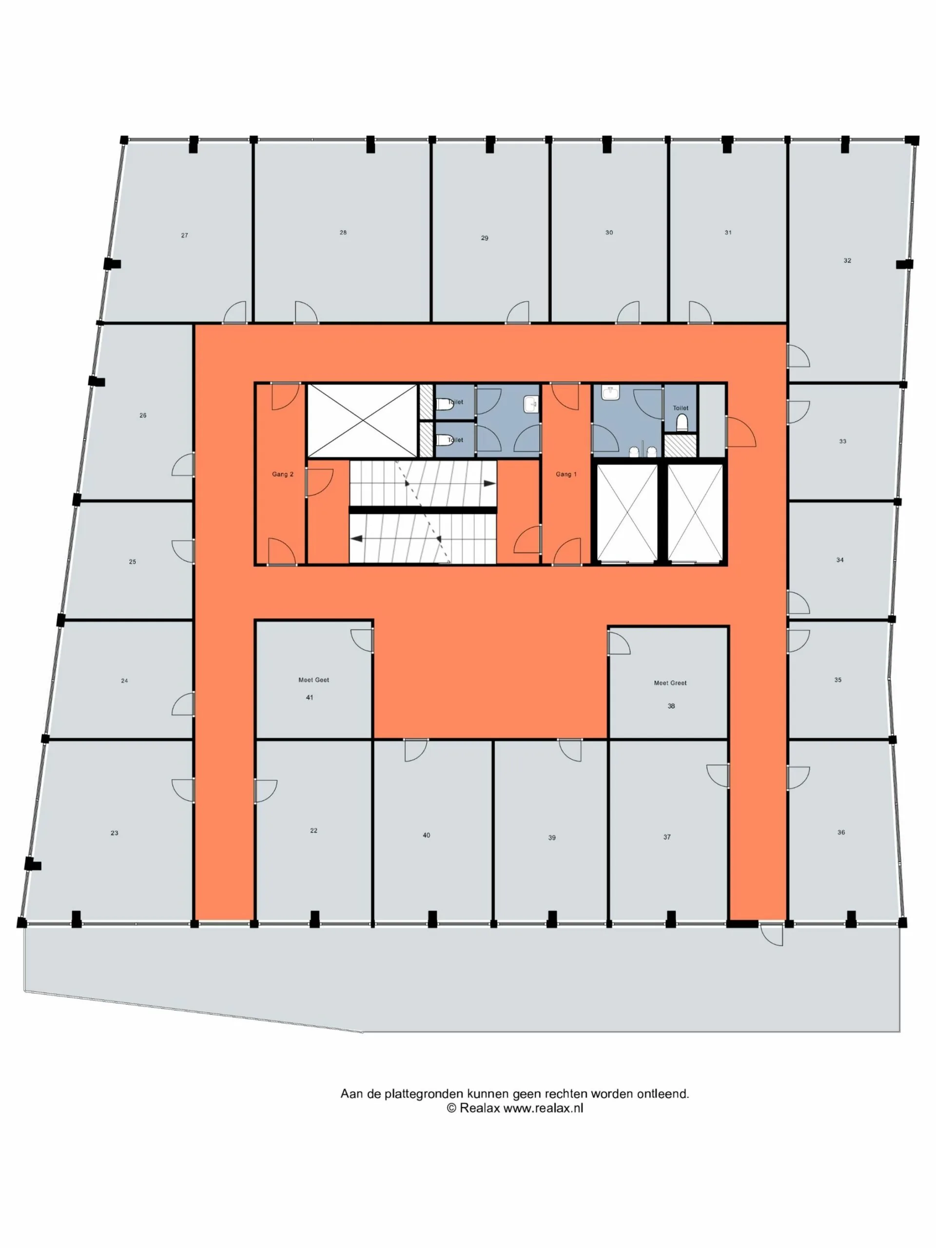 Plattegrond van de verdieping in het gebouw aan het Wim Duisenbergplantsoen 31 met kantoren, gangen, trap, lift en sanitaire voorzieningen.