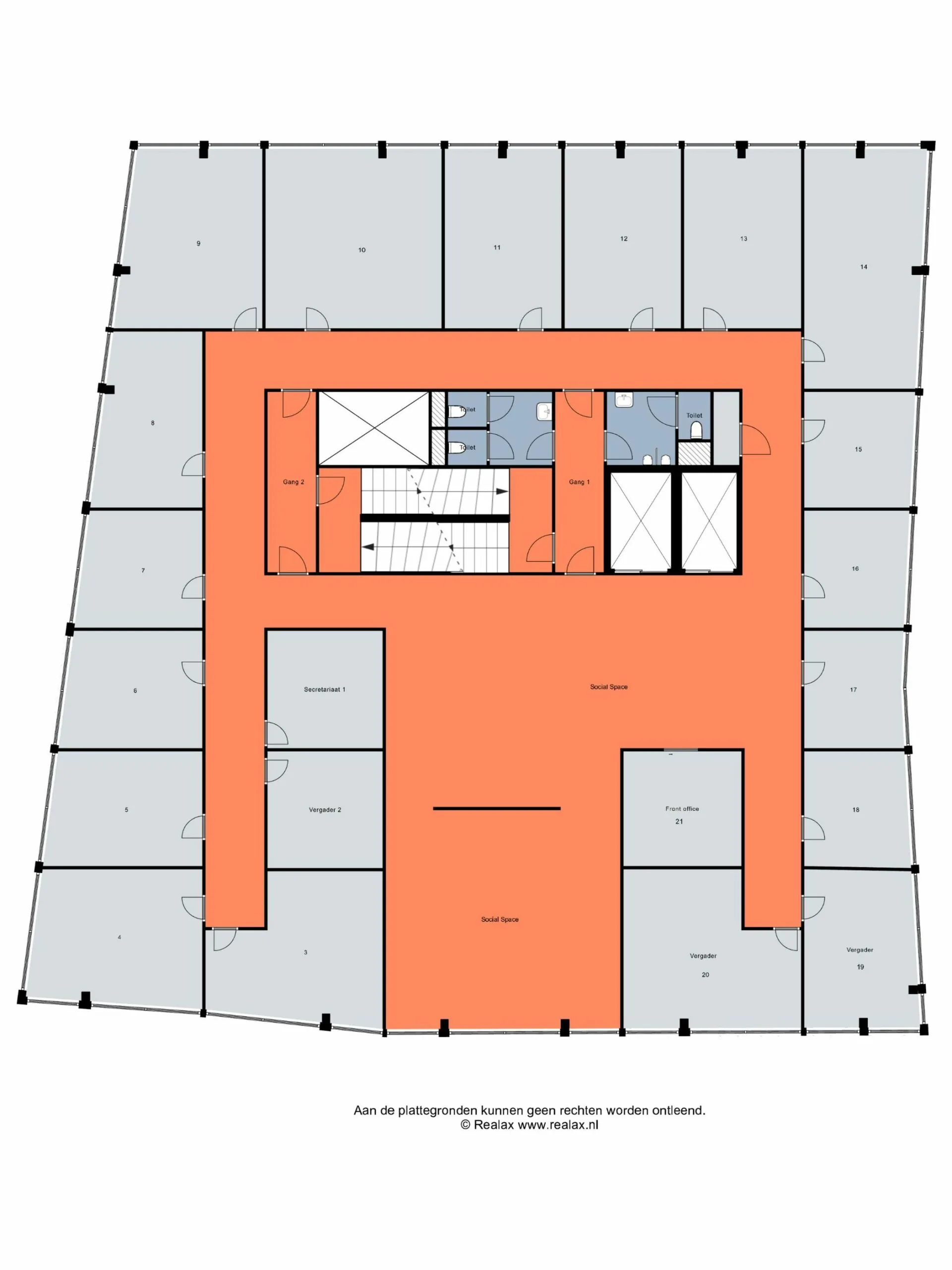 Plattegrond van de kantoorindeling op Wim Duisenbergplantsoen 31 met genummerde ruimtes en centrale social space.