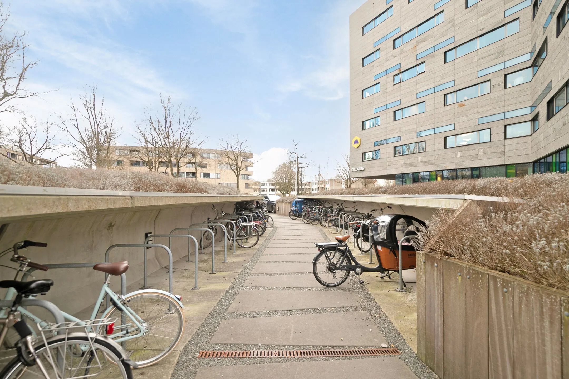 Fietsenstalling aan de Zwartewaterallee naast een modern kantoorgebouw met veel geparkeerde fietsen.