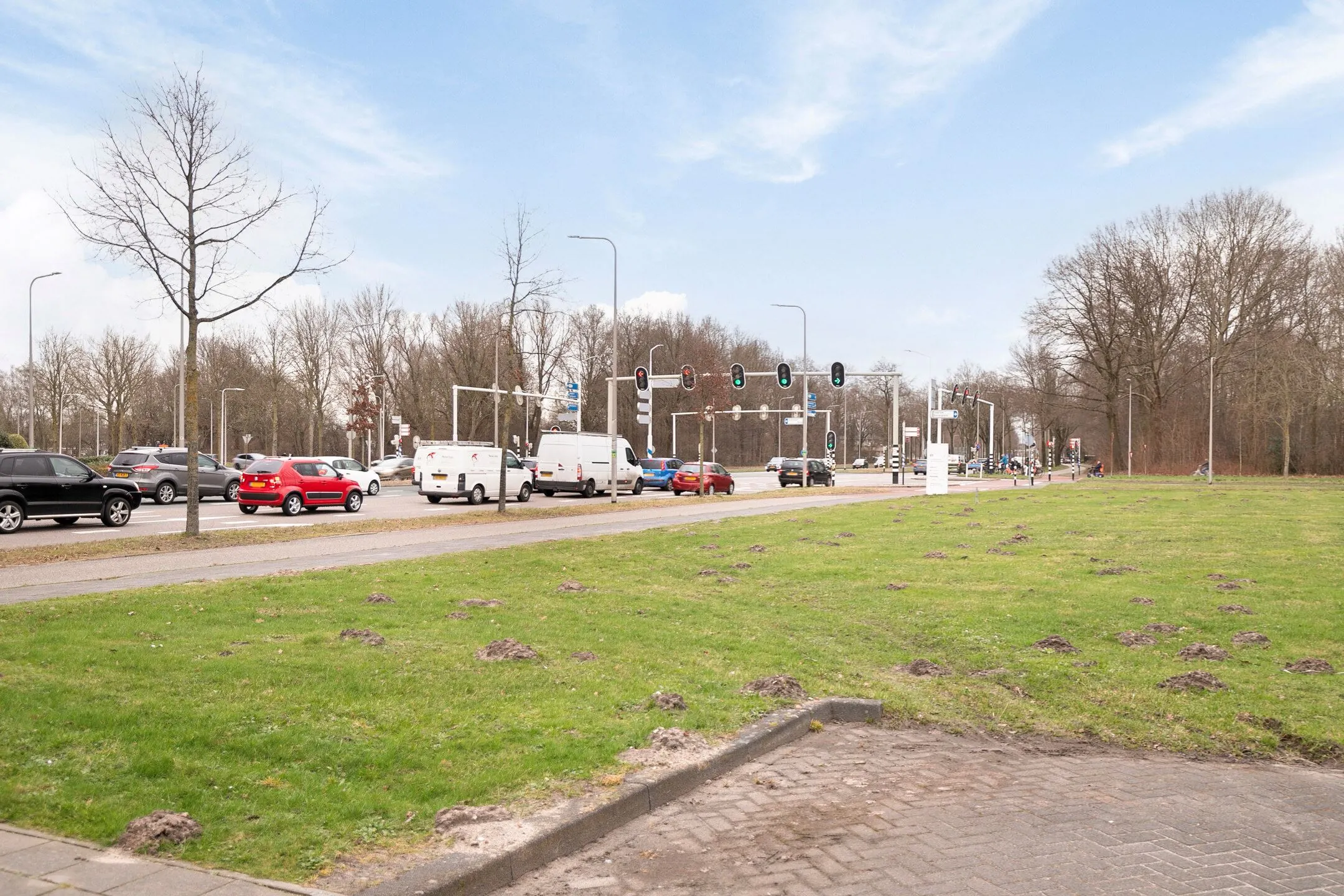 Drukke verkeersweg met stoplichten en wachtende auto's aan de Zwartewaterallee, gezien vanaf een grasveld met molshopen.