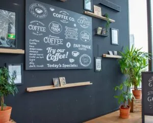 Moderne koffiebar in Zwolle met een zwart krijtbord vol koffieteksten en decoratieve planten aan een zwarte muur.