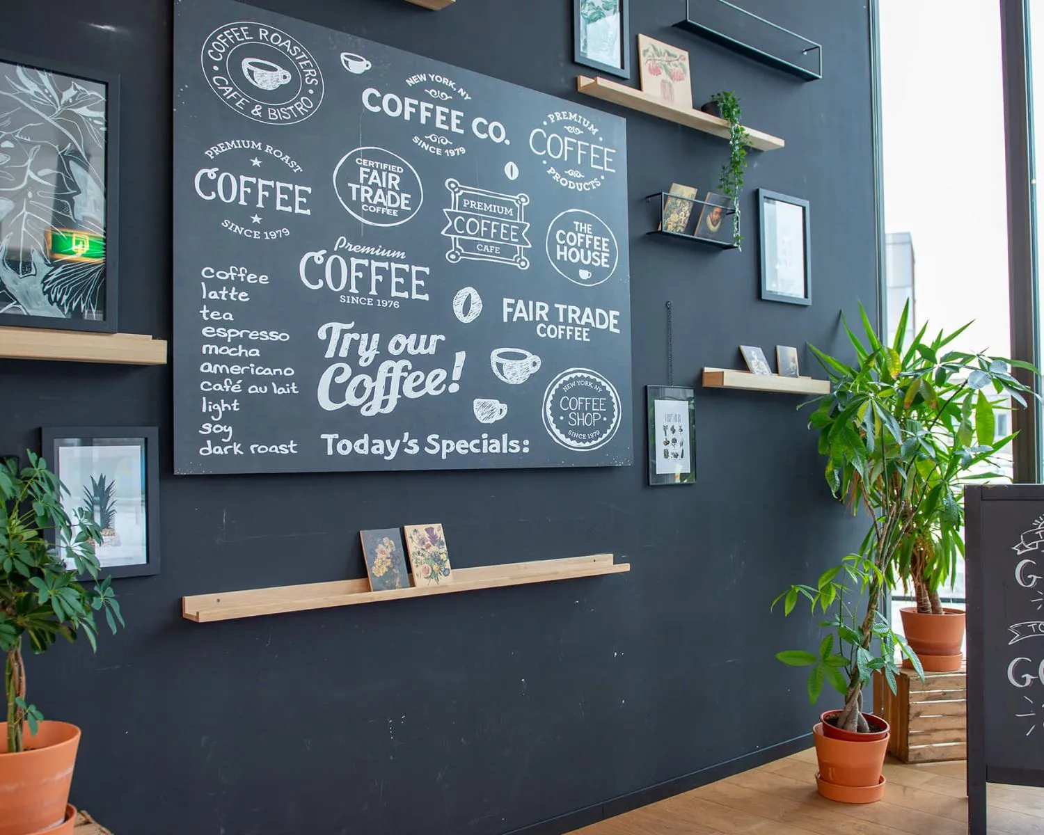 Moderne koffiebar in Zwolle met een zwart krijtbord vol koffieteksten en decoratieve planten aan een zwarte muur.