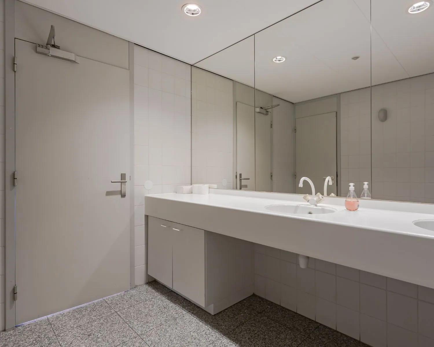 Moderne, openbare toiletruimte met wastafel, spiegelwand en zeepdispensers.