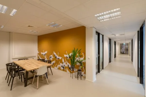 Moderne kantoorruimte met houten vergadertafel, opvallende oranje wand met kraanvogelillustratie en aangrenzende gang met glazen deuren.
