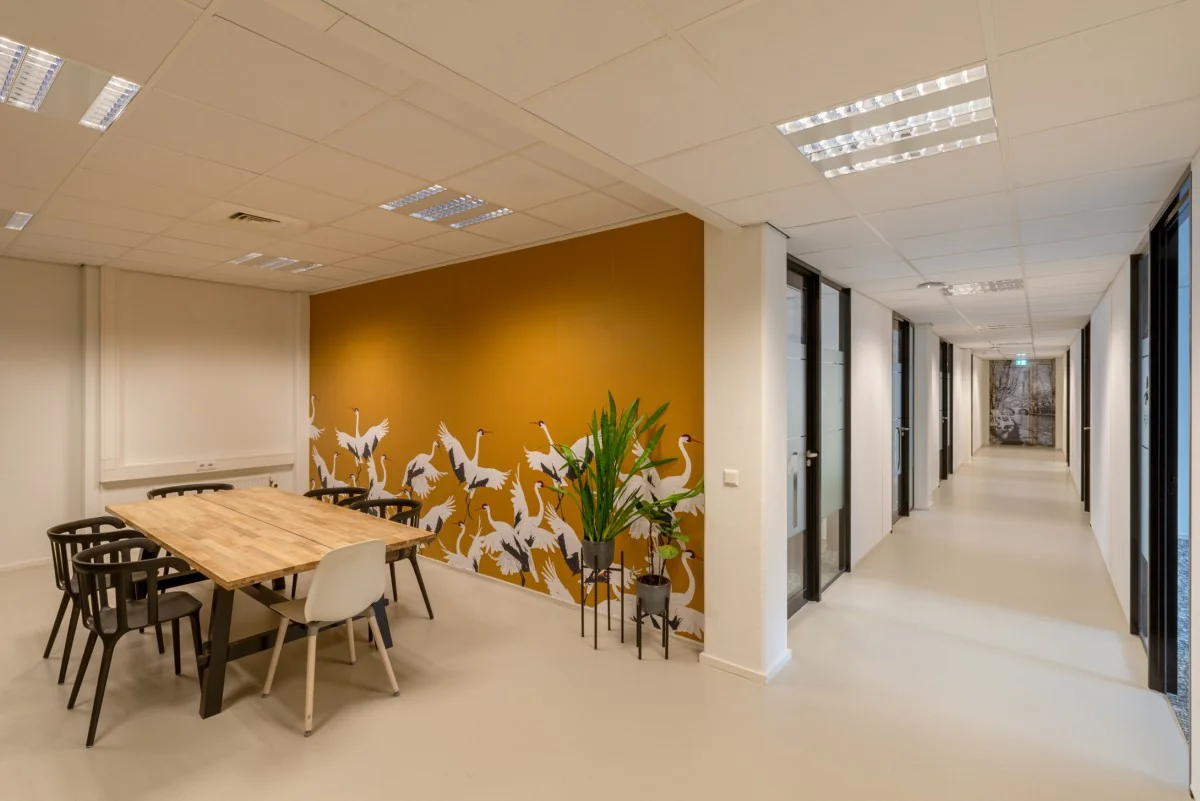 Moderne kantoorruimte met houten vergadertafel, opvallende oranje wand met kraanvogelillustratie en aangrenzende gang met glazen deuren.