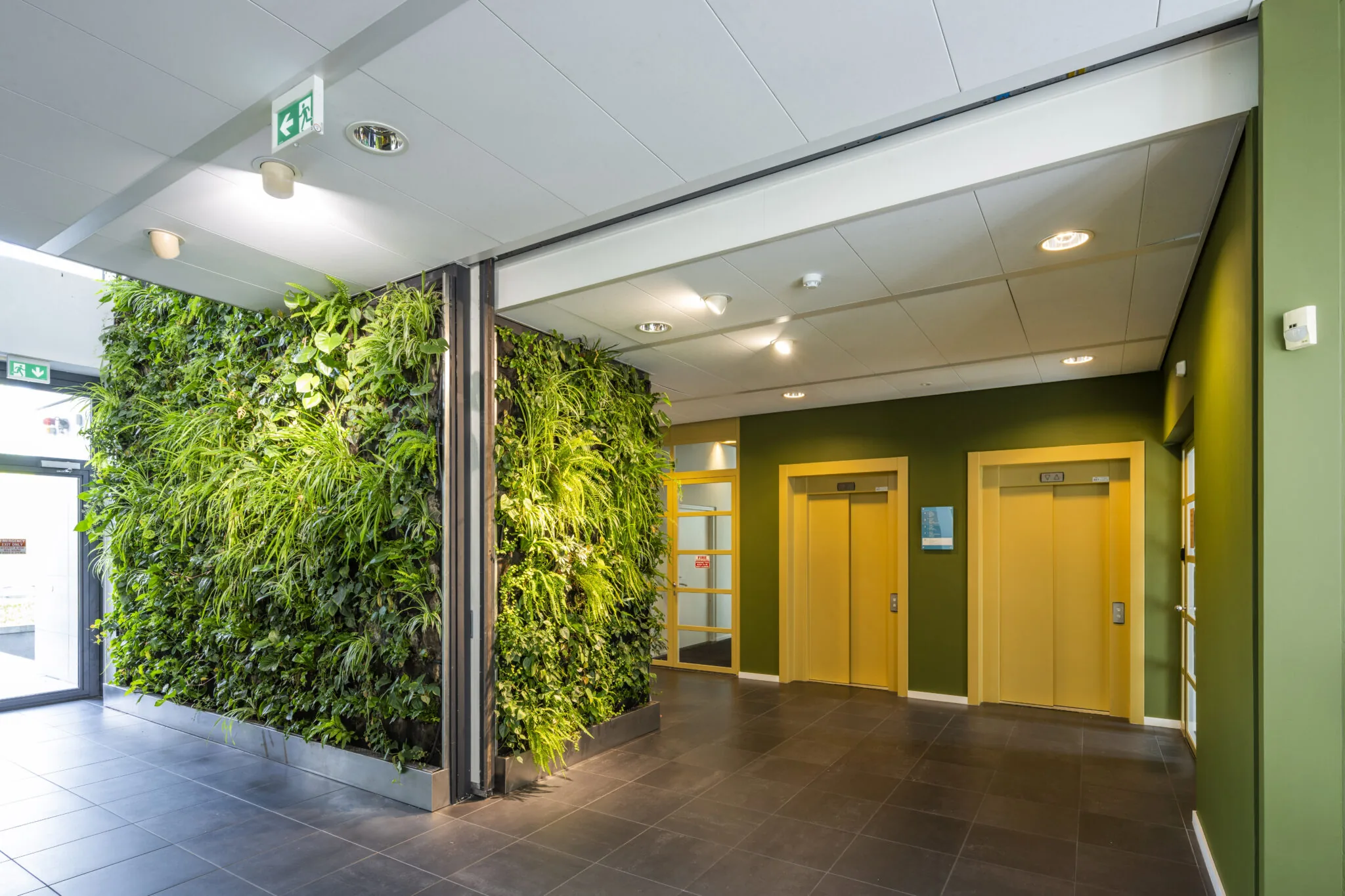 Groene en moderne entree met een verticale plantenwand en twee gele liften in het gebouw aan Boeing Avenue, gefotografeerd door Paul Starink.