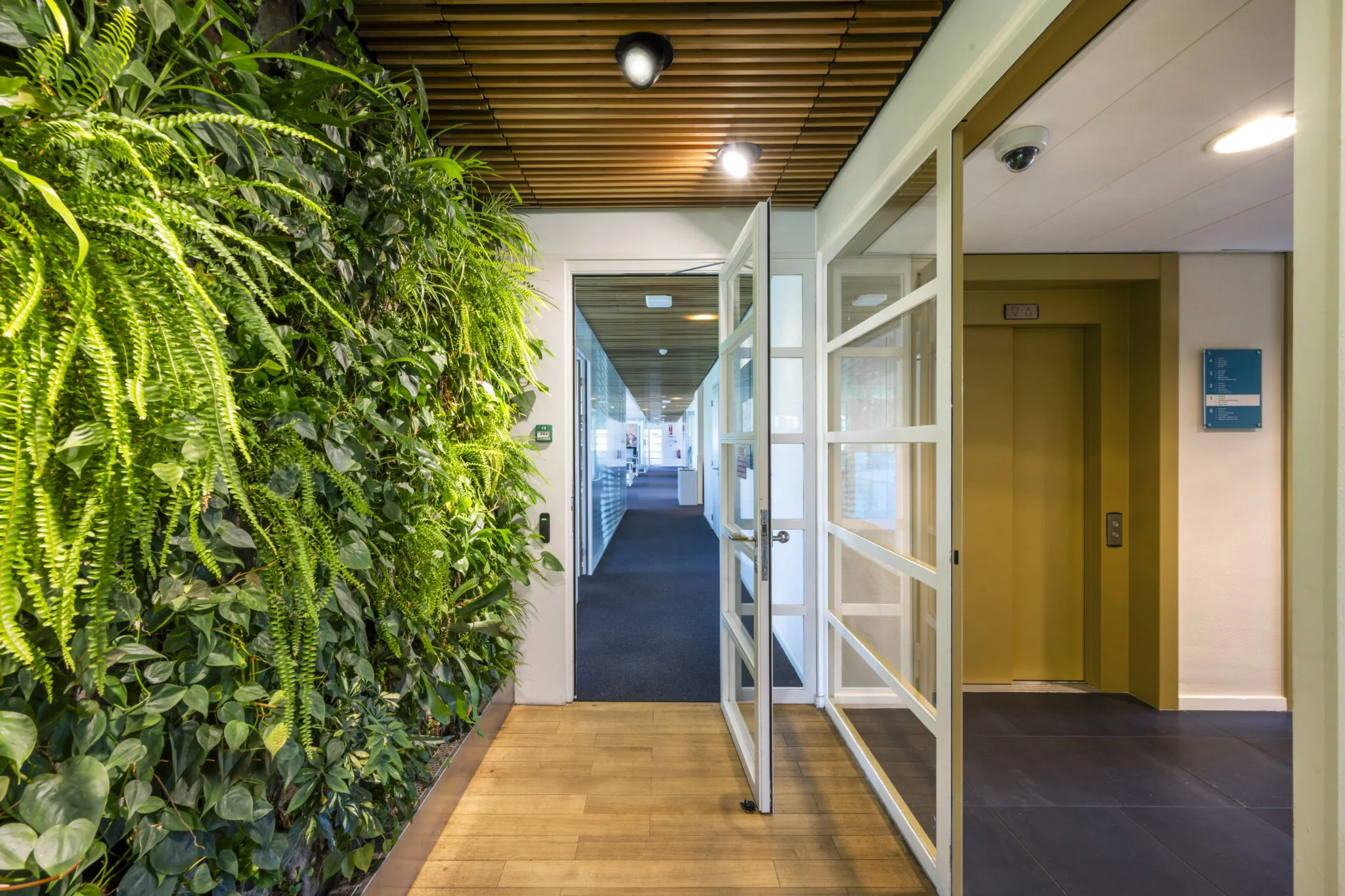 Ingang van een modern kantoor aan de Boeingavenue met een groene plantenwand en lift.