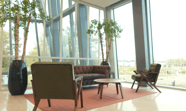 Moderne wachtruimte in Centrale Hart3 met groene stoelen, een bruine bank, houten tafel en grote kamerplanten bij hoge ramen.