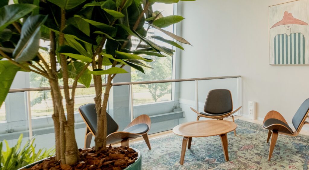 Moderne en lichte wachtruimte in Centrale Hart5 met designstoelen, een ronde houten tafel, kamerplant en kunst aan de muur.