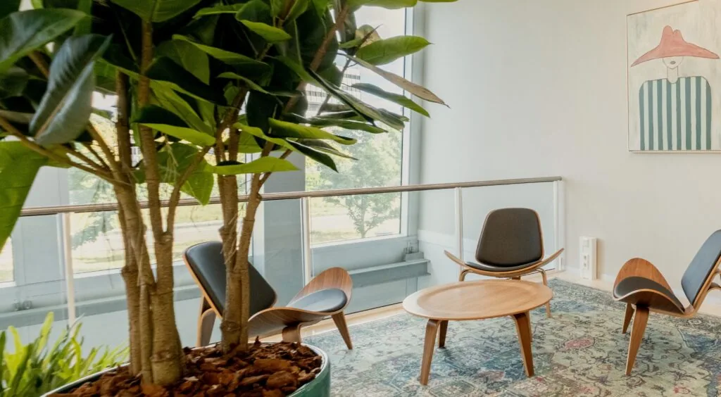 Moderne en lichte wachtruimte in Centrale Hart5 met designstoelen, een ronde houten tafel, kamerplant en kunst aan de muur.