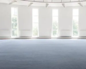 Lichte, lege ruimte met grote ramen, witte muren en een blauwe vloerbedekking.