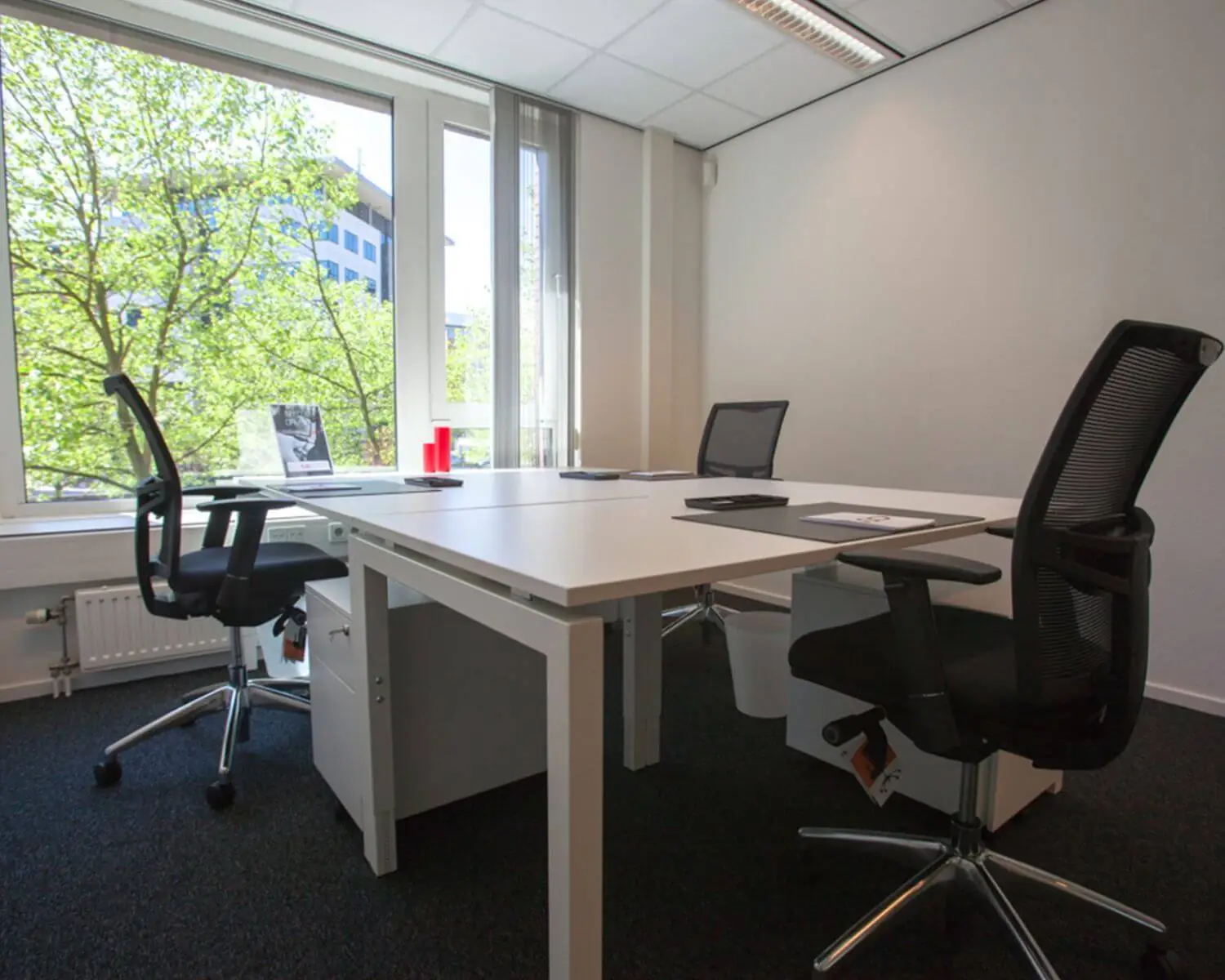 Modern kantoor met vier bureaustoelen en een groot raam met uitzicht op groene bomen.