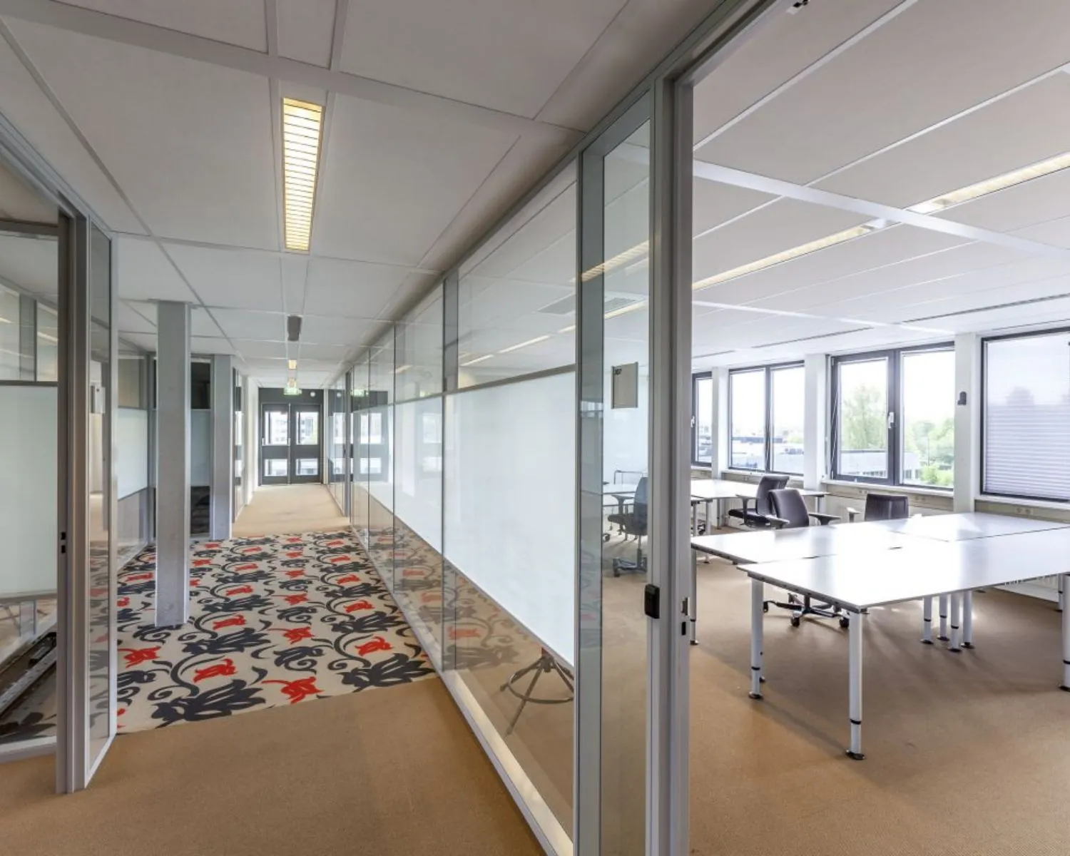 Moderne kantoorruimte met glazen wanden, fel tapijt in de gang en een vergaderruimte met bureaus en stoelen.