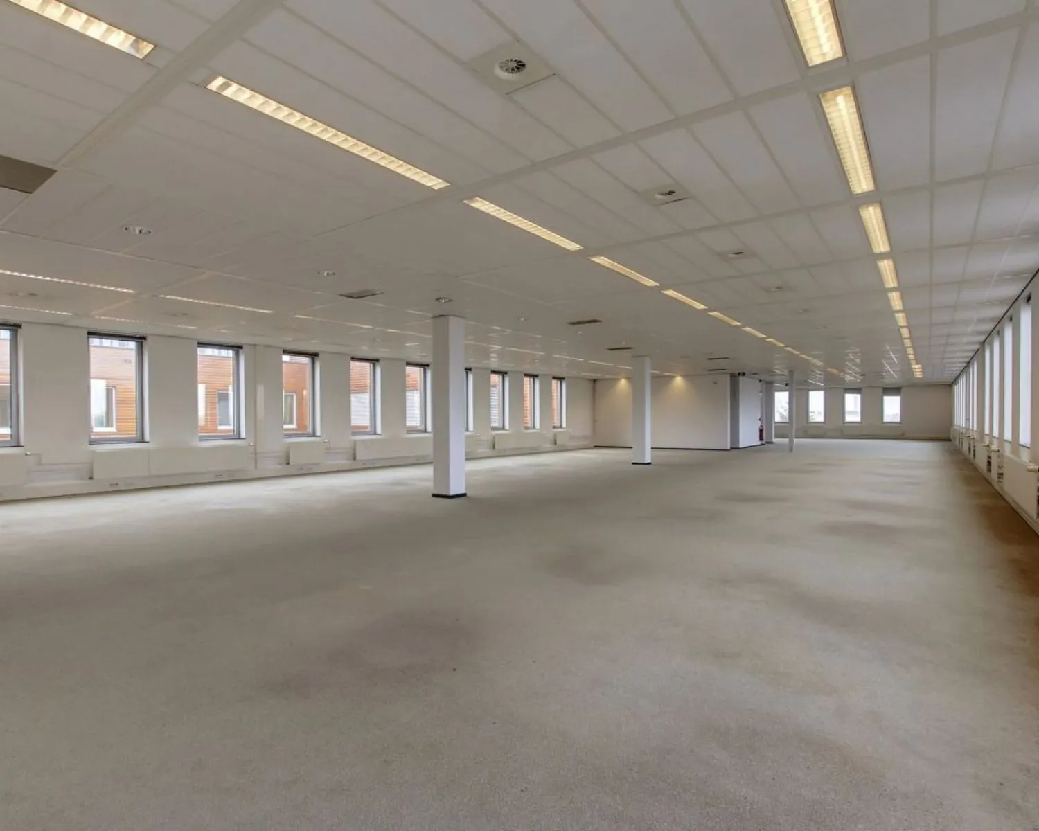 Grote, lege kantoorruimte met tapijt, tl-verlichting en ramen aan beide zijden.