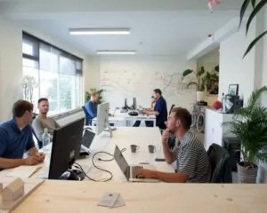 Vijf mannen werken en overleggen in een modern kantoor met computers en een whiteboard vol aantekeningen.