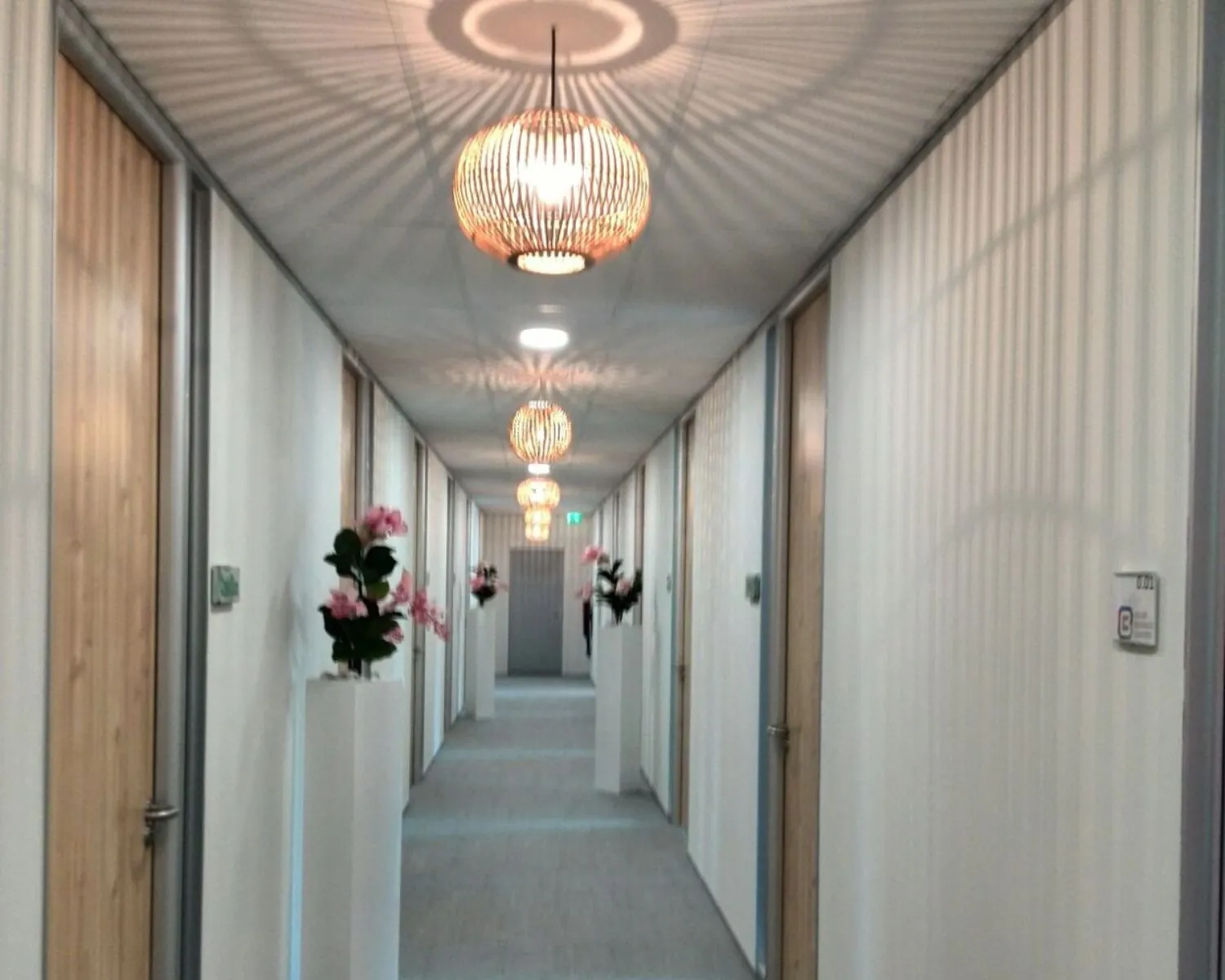Verlichtte gang met houten deuren, bloemen op sokkels en decoratieve hanglampen aan het plafond.