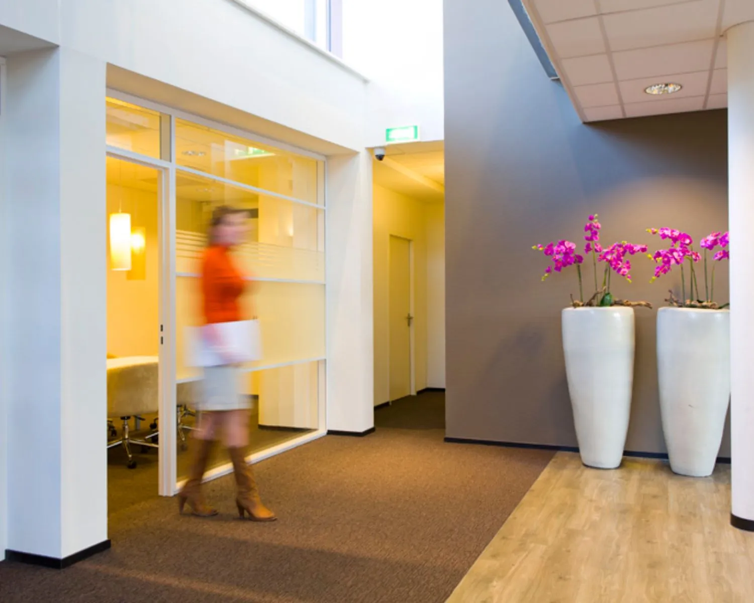 Moderne kantoorruimte met een vrouw die langsloopt en twee grote bloempotten met paarse orchideeën.