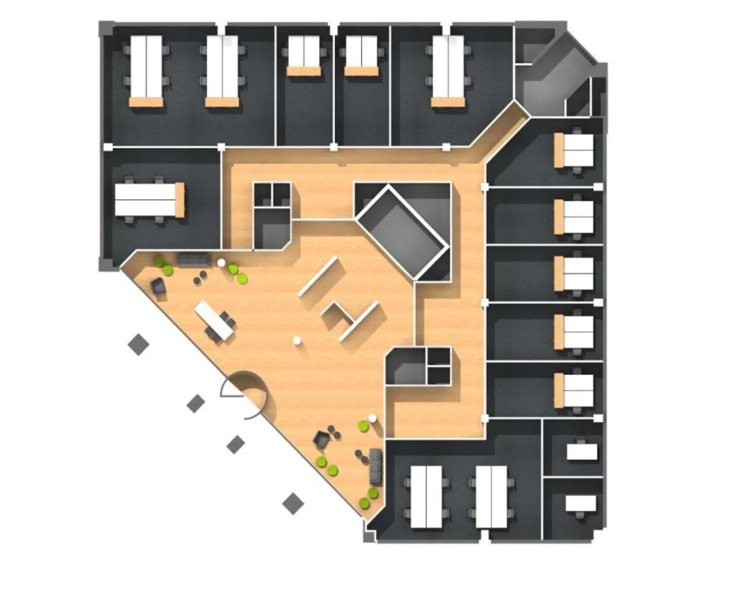 Een 3D-plattegrond van een modern kantoorpand met meerdere vergader- en werkruimtes rondom een open centrale zone.
