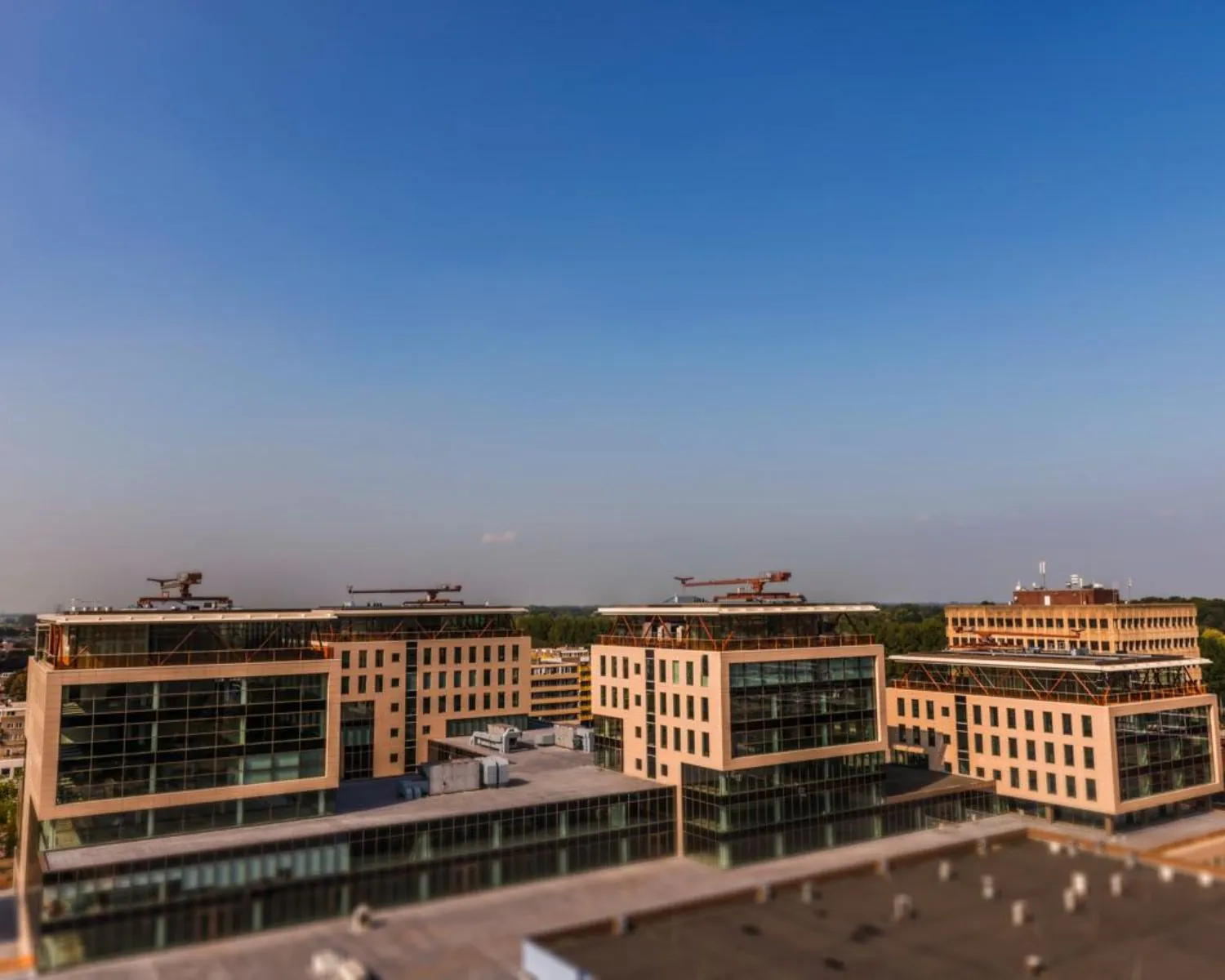 Modern kantoorgebouw met meerdere verdiepingen en bouwkranen op het dak, gezien onder een heldere blauwe lucht.