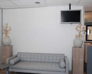 Grijze bank in een wachtruimte met twee decoratieve vazen en een muur-gemonteerde televisie.