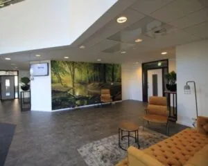 Moderne wachtruimte met comfortabele zitmeubelen en een grote muurprint van een boslandschap.