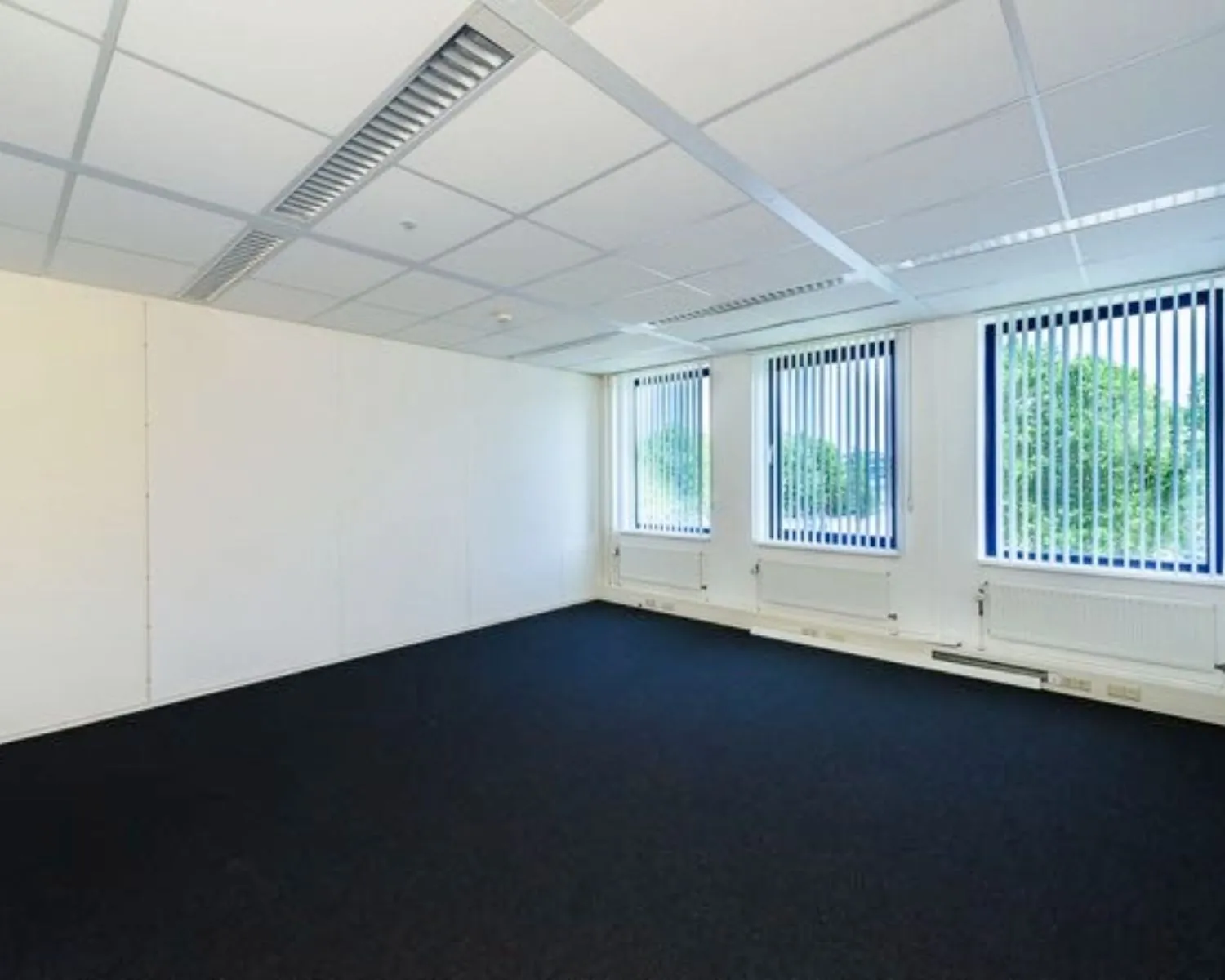 Leeg kantoor met witte wanden, donker tapijt en drie ramen met verticale jaloezieën.