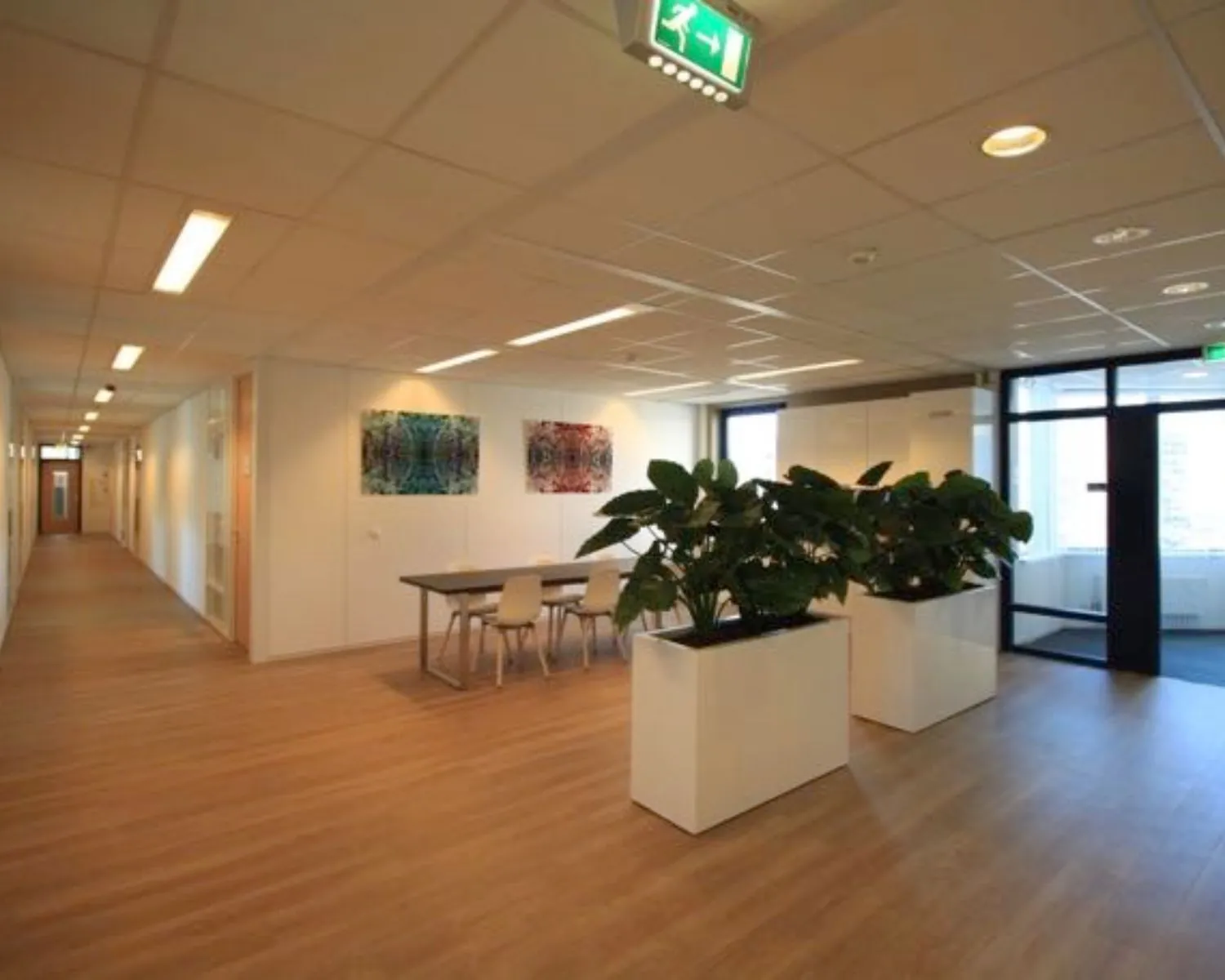 Moderne kantoorhal met houten vloer, grote plantenbakken, kunst aan de muur en een tafel met stoelen.