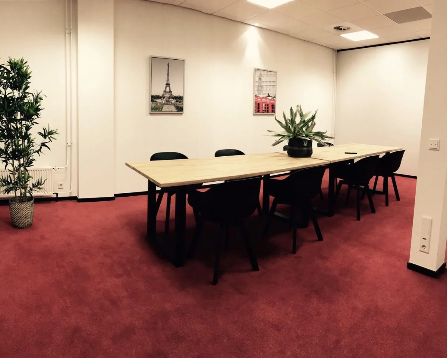 Vergaderruimte met een lange houten tafel, zwarte stoelen, rode vloerbedekking, planten en foto's van Parijs aan de muur.