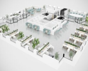 3D-visualisatie van een modern, open kantoor met werkplekken, vergaderruimtes en ontspanningshoeken, omgeven door groen.